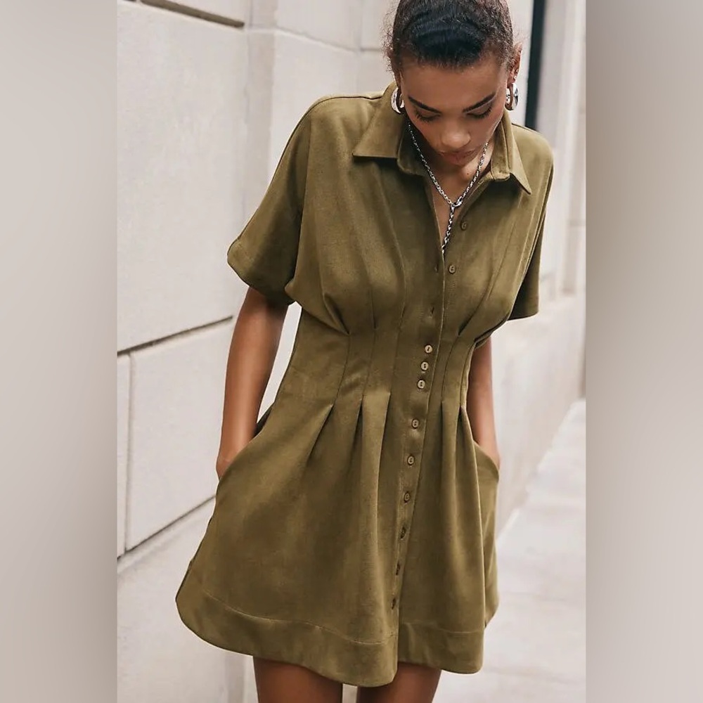 Anthropologie • Tobie Mini Shirt Dress Small Green Suede